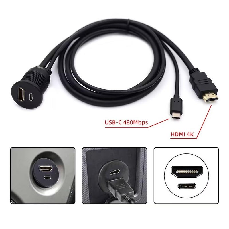 xiwai 2 منافذ مقاومة للماء والغبار USB-C Type-C USB 3.1 وHDMI 4K مع قفل تثبيت وكابل تمديد مسطح للوحة القيادة بطول 3.28 قدم - Image 2