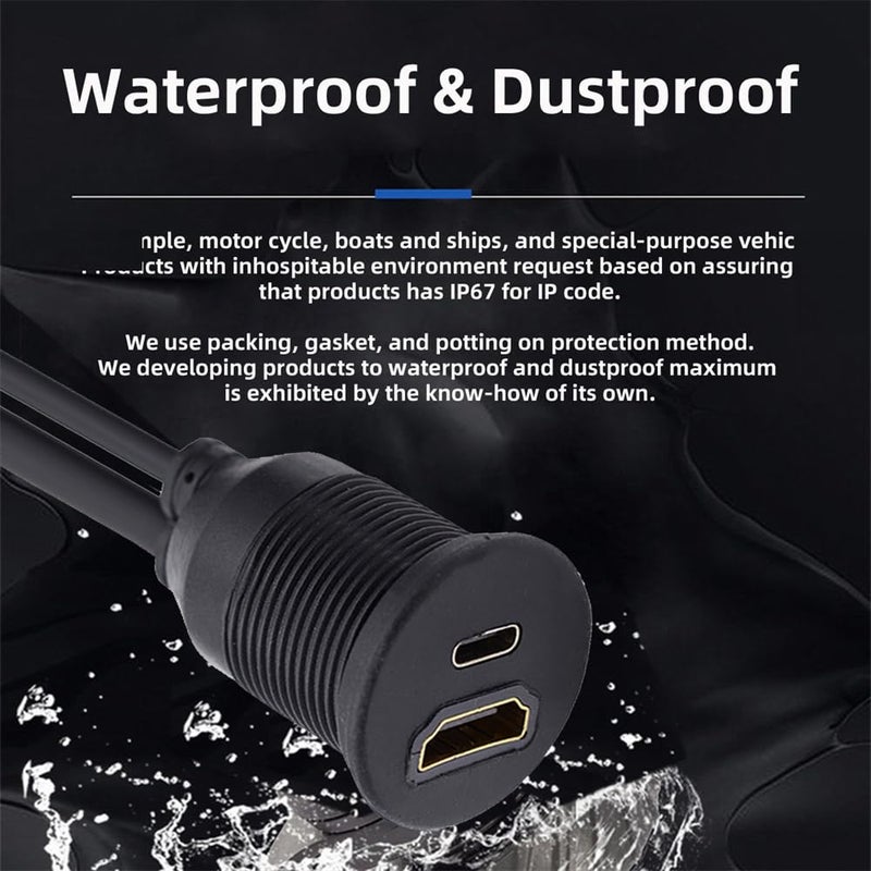 xiwai 2 منافذ مقاومة للماء والغبار USB-C Type-C USB 3.1 وHDMI 4K مع قفل تثبيت وكابل تمديد مسطح للوحة القيادة بطول 3.28 قدم - Image 5