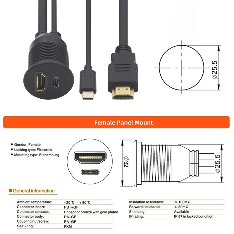 xiwai 2 منافذ مقاومة للماء والغبار USB-C Type-C USB 3.1 وHDMI 4K مع قفل تثبيت وكابل تمديد مسطح للوحة القيادة بطول 3.28 قدم - Image 4