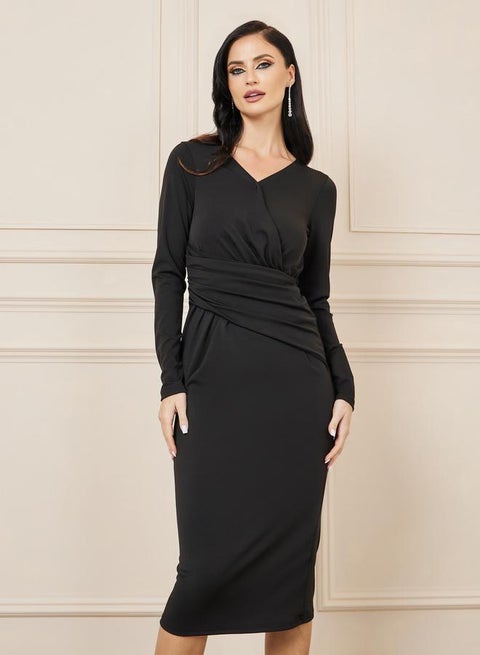 Styli Pleated Waist V Neck Bodycon Midi Dress