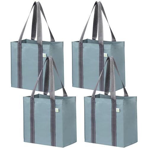 VENO 4 Pack Reusable Grocery Bags Shopping Bags Medium Tote Bag wHandle Hard Bottom Heavy Duty Foldable Bag Carrier Blue - Image 1