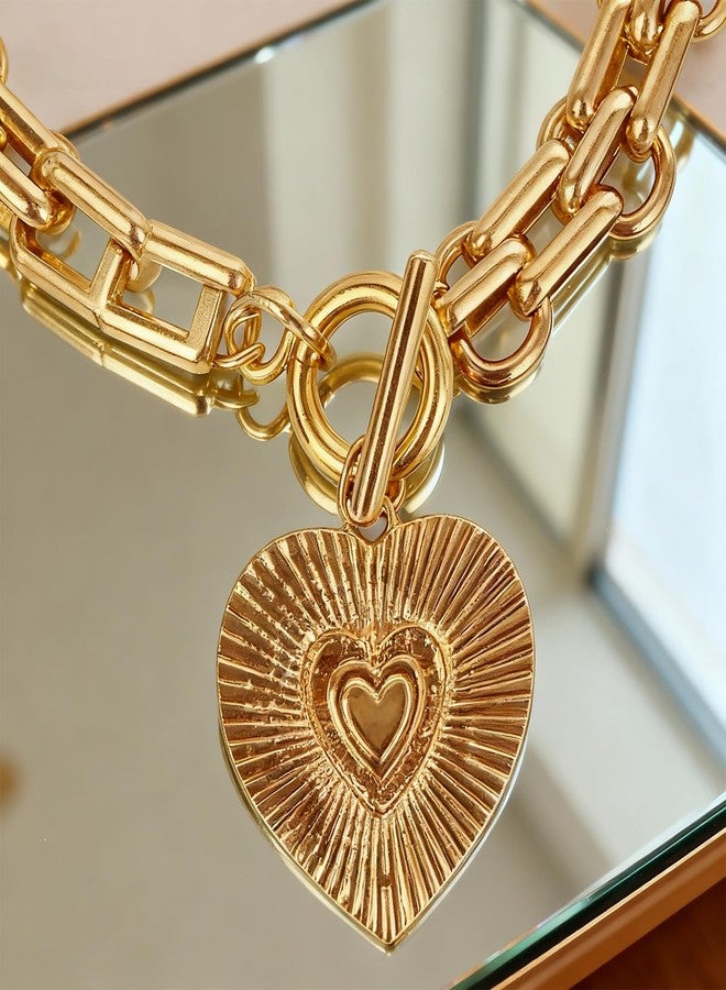 CZMZHFC Heart Charm Bracelet for Women,Elegant Metal Big Heart Pendant Chain Bracelet,Chunky Stackable Link Chain Bracelet,Fashion Party Jewelry Accessories,Trendy Valentines Bracelet for Women (Gold) - Image 3