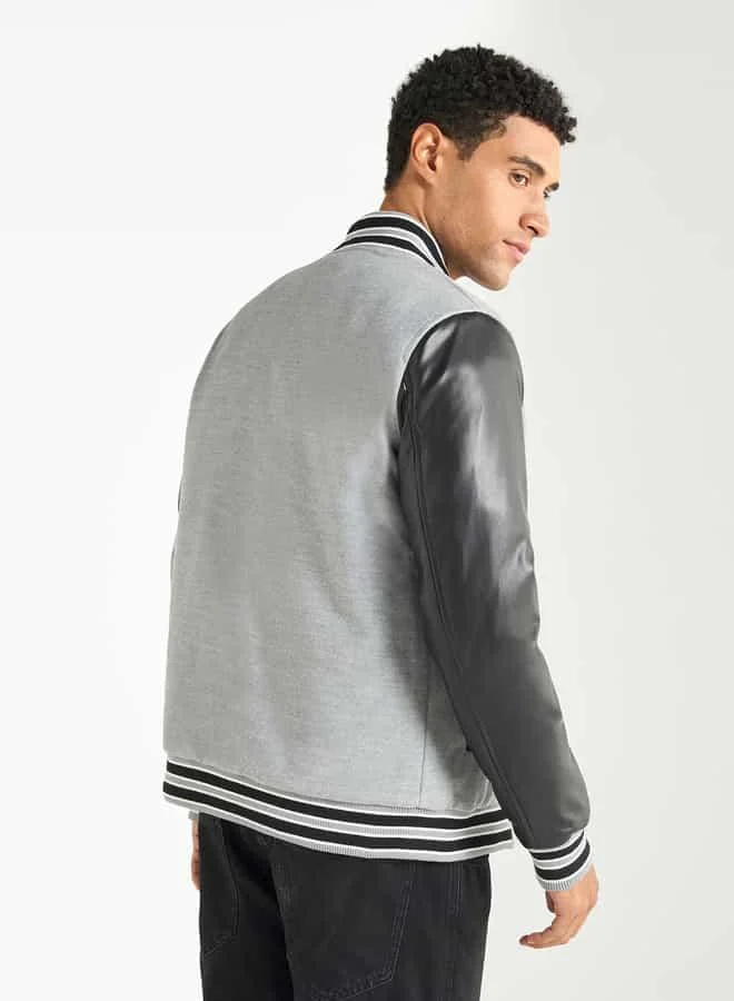 Splash FAV Colourblock Embroidered Varsity Jacket with Button Closure and Long Sleeves