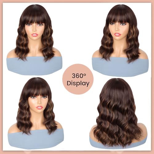 ENTRANCED STYLES Brown Highlight Wig with Bangs for Women Short Wavy Curly Brown Bob Wigs Medium Length 14 inch Synthetic Hair for Daily Party Use - Image 4