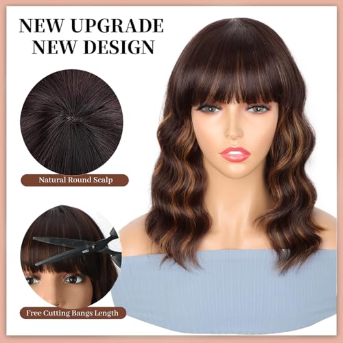 ENTRANCED STYLES Brown Highlight Wig with Bangs for Women Short Wavy Curly Brown Bob Wigs Medium Length 14 inch Synthetic Hair for Daily Party Use - Image 2