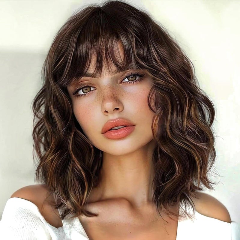 ENTRANCED STYLES Brown Highlight Wig with Bangs for Women Short Wavy Curly Brown Bob Wigs Medium Length 14 inch Synthetic Hair for Daily Party Use - Image 5