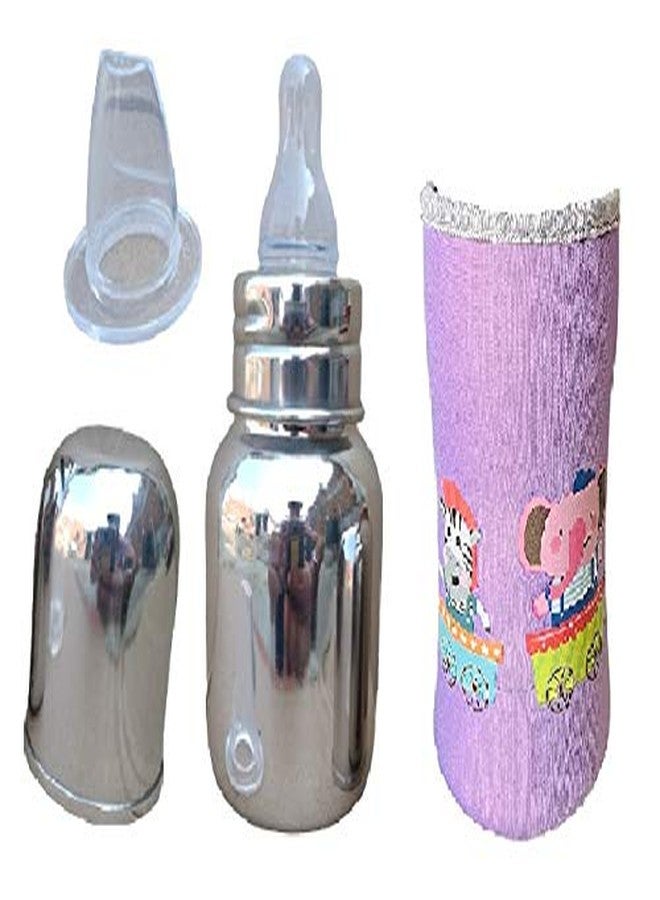 Lappu Double Kids Stainless Steel/Steel Feeder, Anti Colic 2 in 1 Feeding Bottle/Spout Sipper (120ml with Cover Purple) - Image 1
