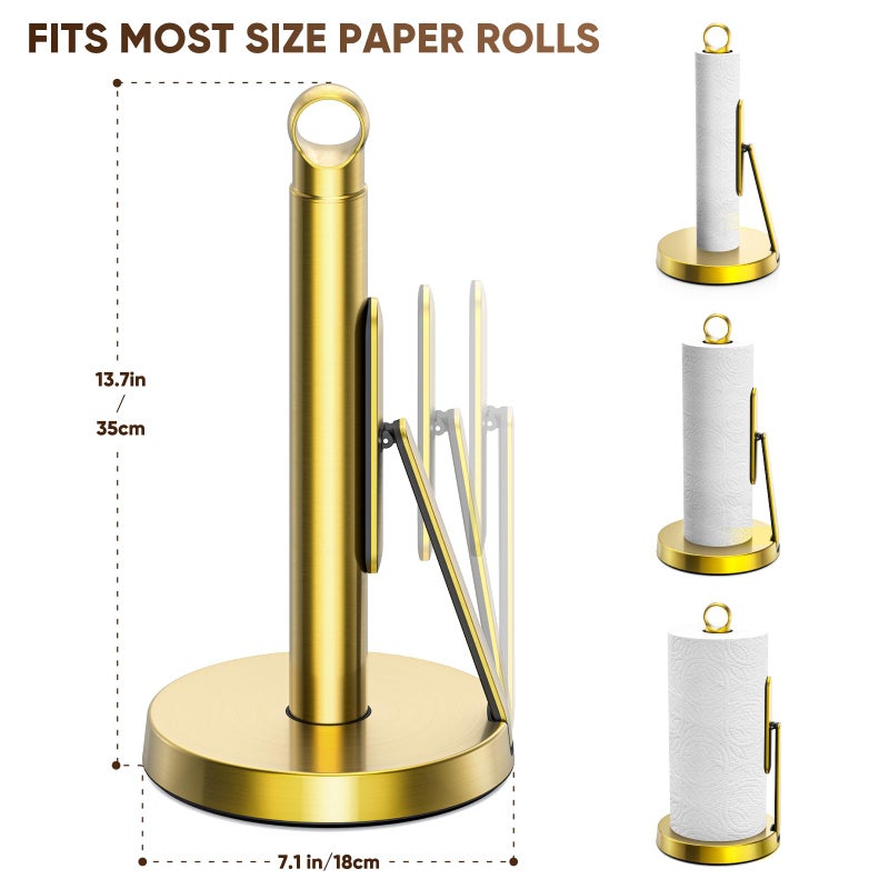 theaoo Heavy-Duty Stainless Steel Paper Towel Holder with Tension Arm â€“ Easy One-Handed Tear, Modern Standing Countertop Dispenser for Kitchen, Holds All Paper Towel Rolls (1, Gold) - Image 3
