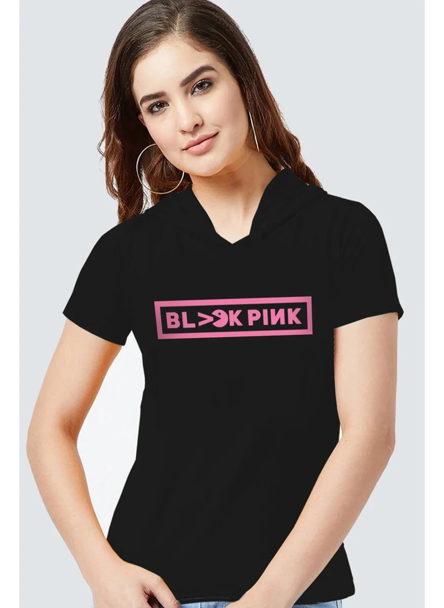 Rock&Roll Blackpink Pac Black Hooded Short Sleeve Women's T-Shirt