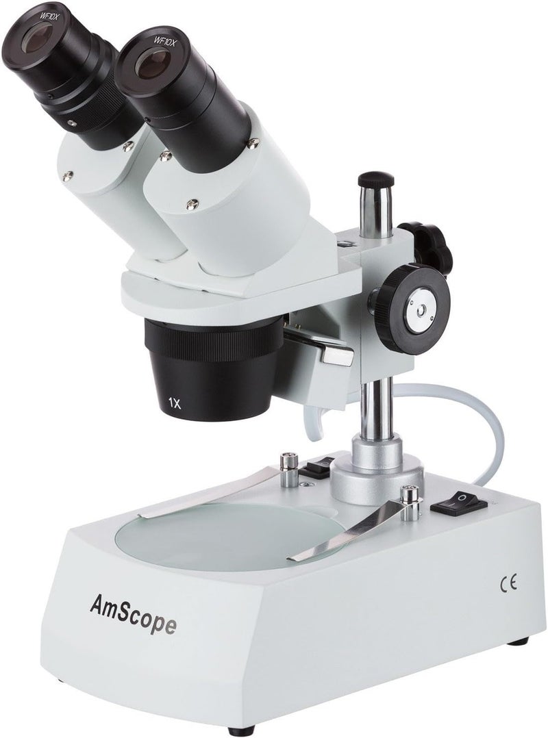 AmScope SE305R-PX Forward-Mounted Binocular Stereo Microscope, WF5x and WF10x Eyepieces, 5X/10X/15X/30X Magnification, 1X and 3X Objectives, Upper and Lower Halogen Lighting, Reversible Black/White Stage Plate, Pillar Stand, 120V - Image 2