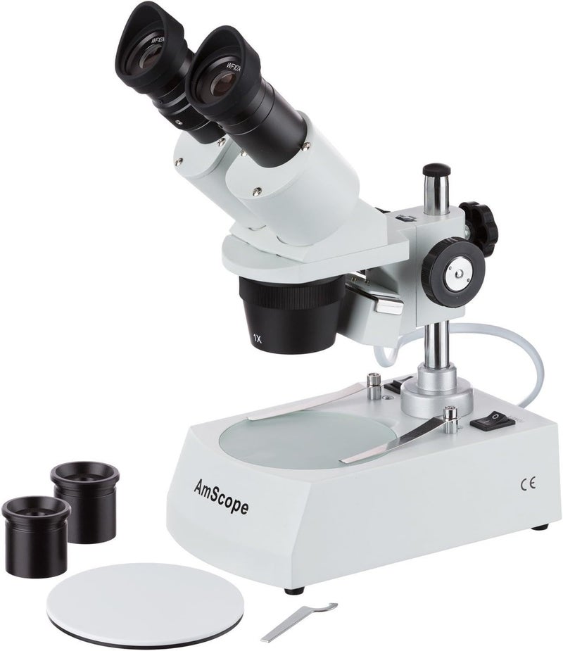 AmScope SE305R-PX Forward-Mounted Binocular Stereo Microscope, WF5x and WF10x Eyepieces, 5X/10X/15X/30X Magnification, 1X and 3X Objectives, Upper and Lower Halogen Lighting, Reversible Black/White Stage Plate, Pillar Stand, 120V - Image 1