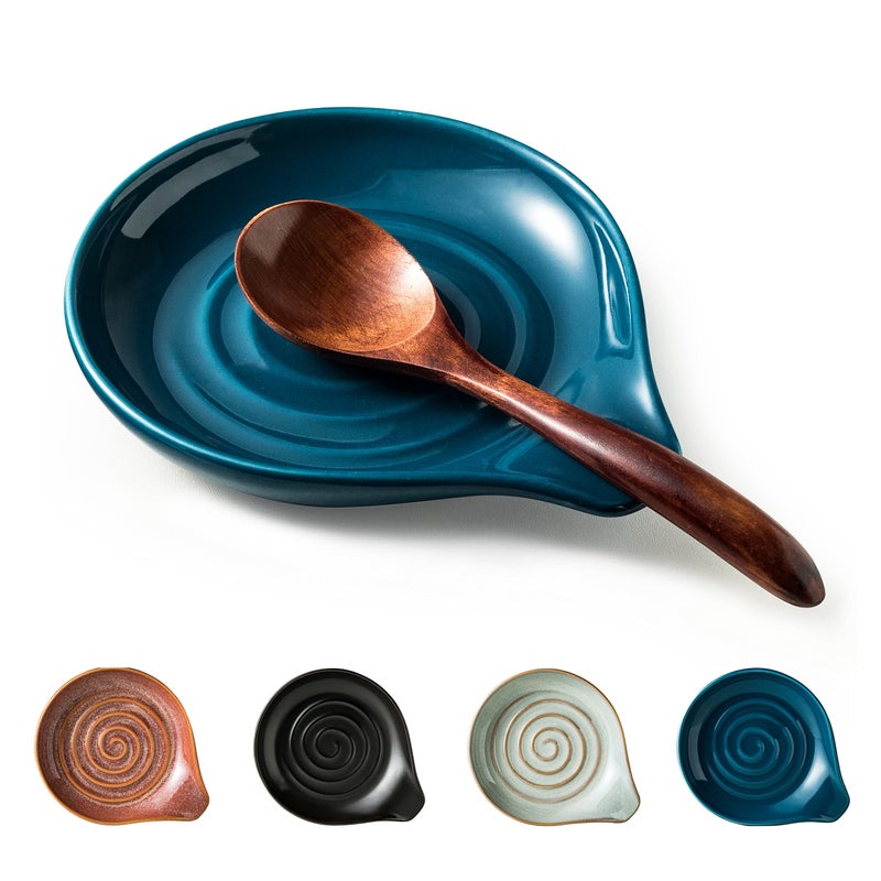 Cormomu Spoon Holder, Ceramic Spoon Rest for Kitchen Counter Farmhouse Cooking, Large Utensil Rest for Spoons, Ladles, Tongs, Spatula, 5 Inches (Blue) - Image 1