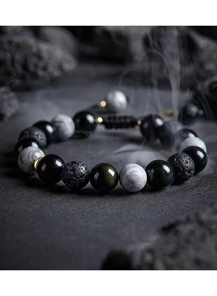 جلوسكي 1pc بارد أسود قلادة الحجر الطبيعي قلادة ، حبات العقيق الأسود البركانية ، نمط هندسي ، هدايا المراهقين - Image 2