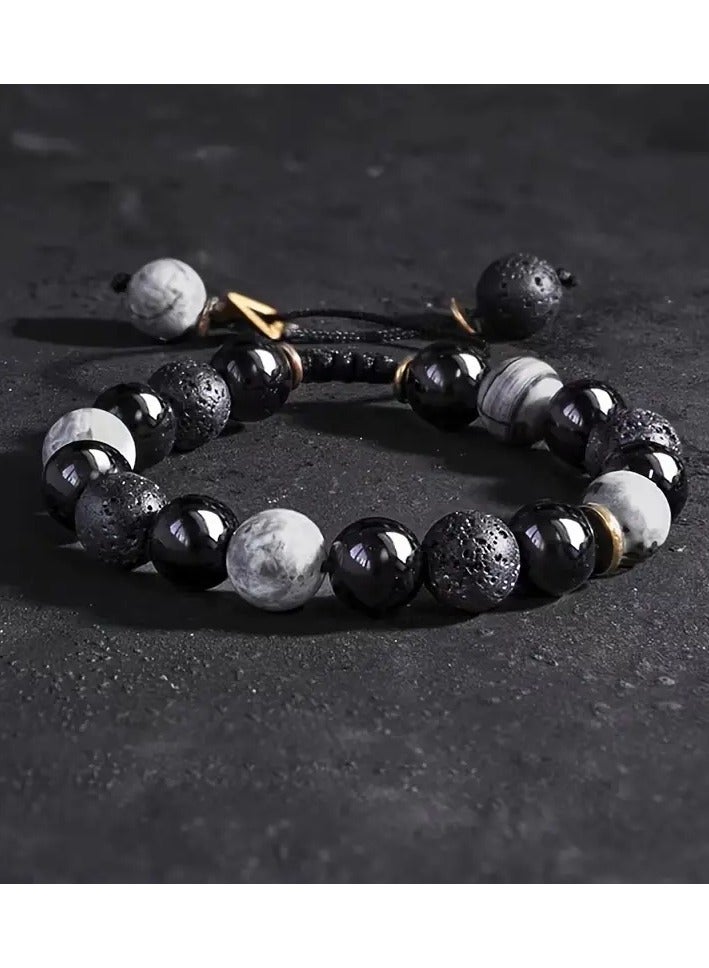 جلوسكي 1pc بارد أسود قلادة الحجر الطبيعي قلادة ، حبات العقيق الأسود البركانية ، نمط هندسي ، هدايا المراهقين - Image 3