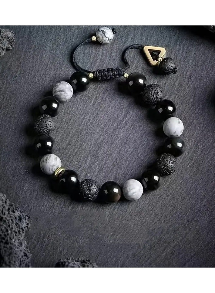 جلوسكي 1pc بارد أسود قلادة الحجر الطبيعي قلادة ، حبات العقيق الأسود البركانية ، نمط هندسي ، هدايا المراهقين - Image 1