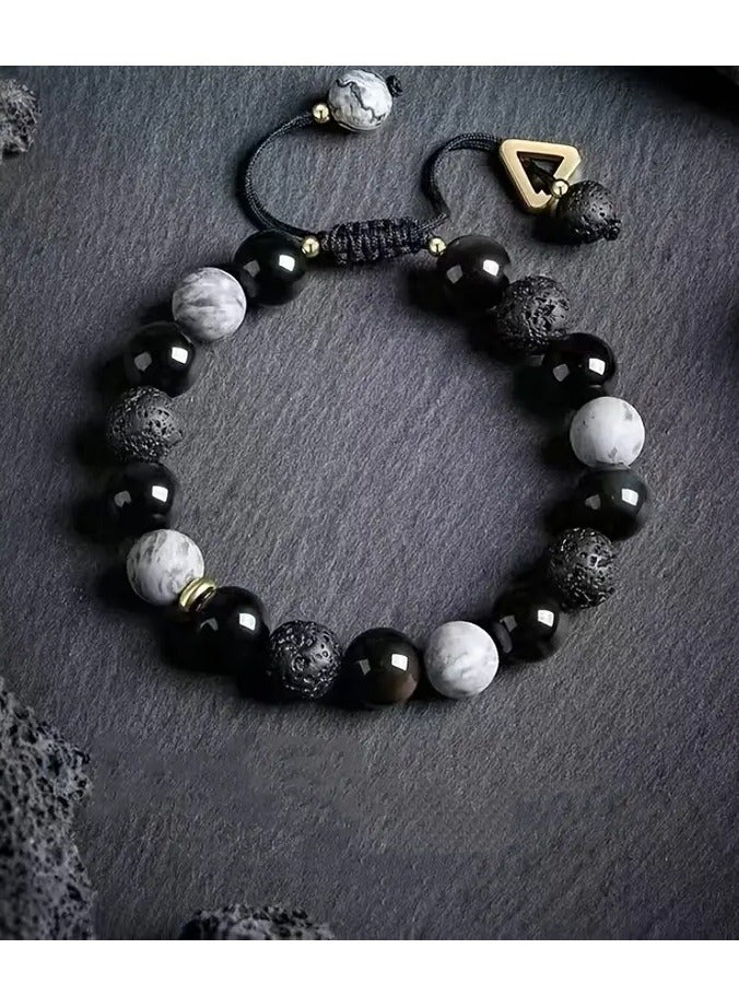 جلوسكي 1pc بارد أسود قلادة الحجر الطبيعي قلادة ، حبات العقيق الأسود البركانية ، نمط هندسي ، هدايا المراهقين - Image 4