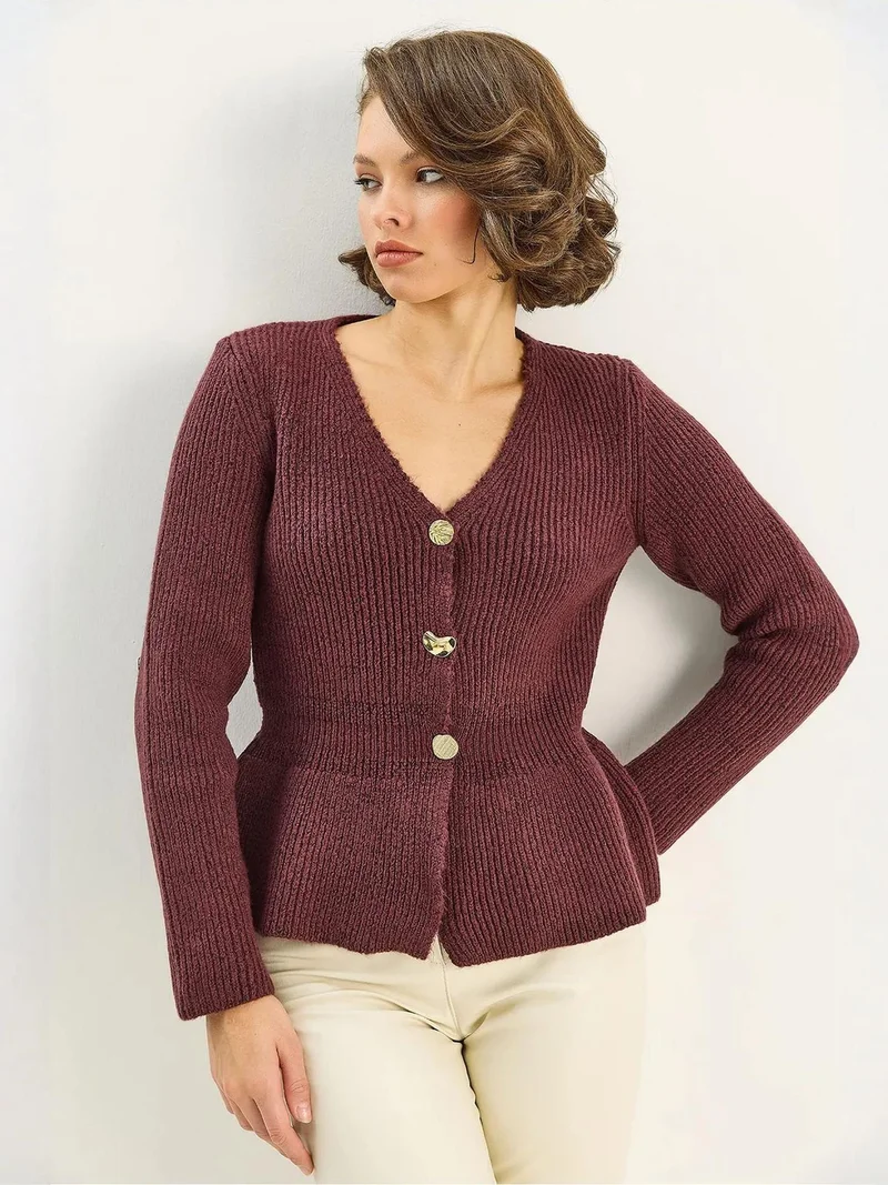 Bianco Lucci LUCCI Ribbed Long Sleeve V-Neck Cardigan with Buttons