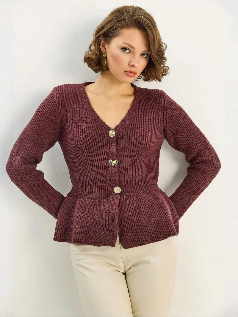 LUCCI Ribbed Long Sleeve V-Neck Cardigan with Buttons