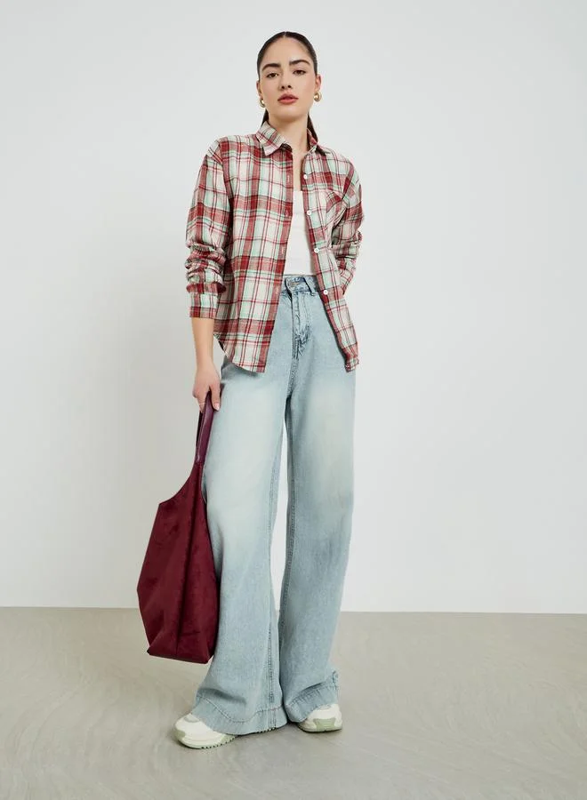 Styli Khaki Checked Oversized Shirt