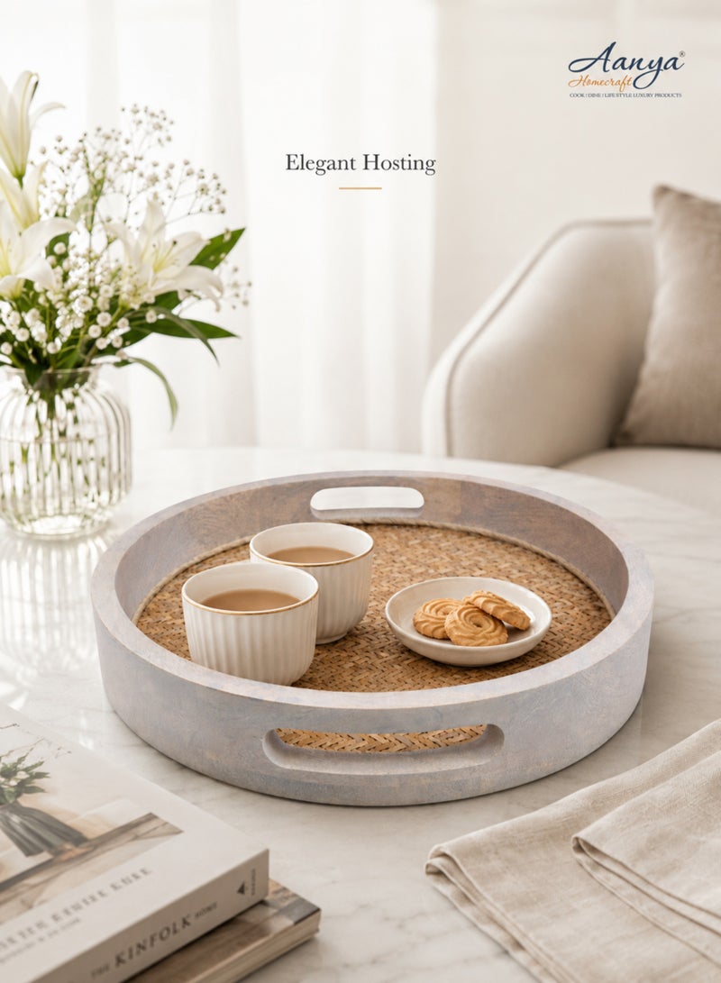 Aanya Homecraft Premium White Wash Round Wood Serving Tray with Cut-Out Handles 33cm – Handcrafted Coffee Table & Dining Tray for Snacks, Drinks & Elegant Hosting - Image 3