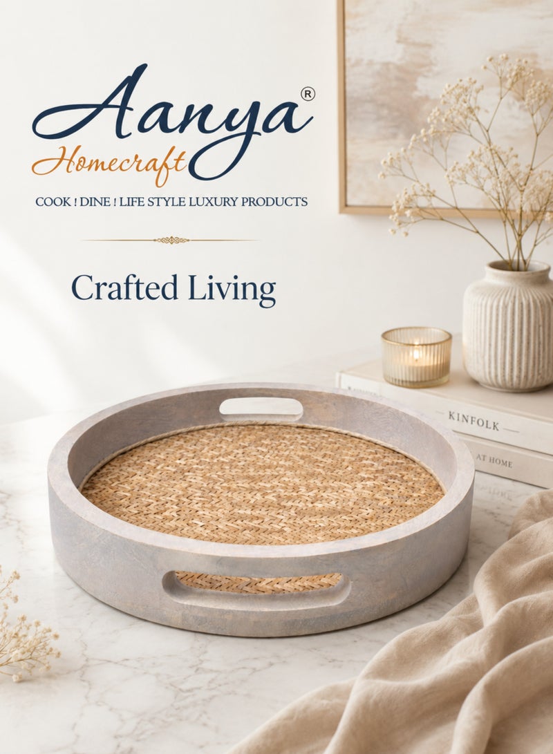 Aanya Homecraft Premium White Wash Round Wood Serving Tray with Cut-Out Handles 33cm – Handcrafted Coffee Table & Dining Tray for Snacks, Drinks & Elegant Hosting - Image 5