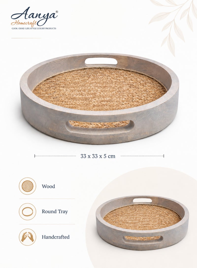 Aanya Homecraft Premium White Wash Round Wood Serving Tray with Cut-Out Handles 33cm – Handcrafted Coffee Table & Dining Tray for Snacks, Drinks & Elegant Hosting - Image 2