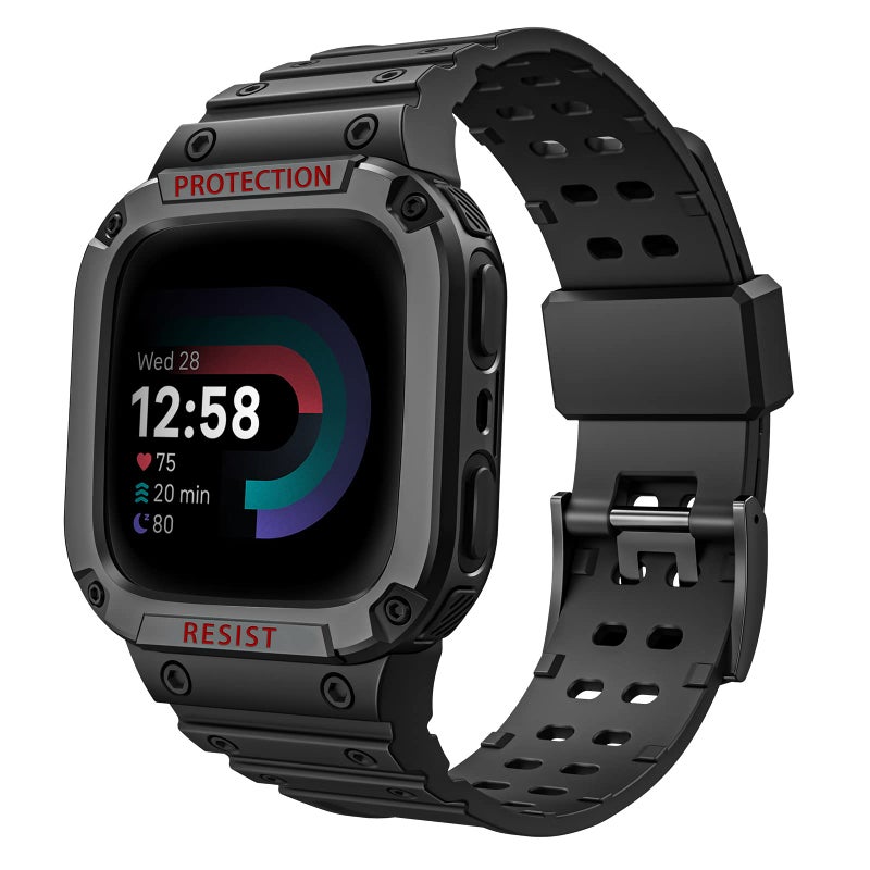 FINTIE Bands with Case Compatible with Fitbit Versa 4/3 / 2/1 / Versa Lite/Fitbit Sense 2 / Sense, Protective Case Strap Rugged Sport Band Men, Black - Image 1