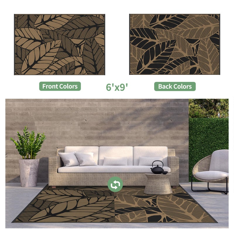 GENIMO Outdoor Rug 6' x 9' Waterproof for Patio Clearance, Reversible Plastic Straw Camping Carpet, Lightweight Mat for Rv, Camper, Deck, Porch, Picnic, Balcony, Beach, F.Black & Brown - Image 2