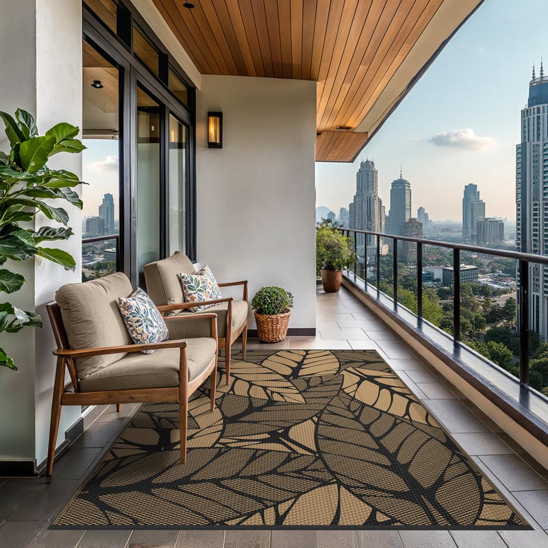 GENIMO Outdoor Rug 6' x 9' Waterproof for Patio Clearance, Reversible Plastic Straw Camping Carpet, Lightweight Mat for Rv, Camper, Deck, Porch, Picnic, Balcony, Beach, F.Black & Brown - Image 4