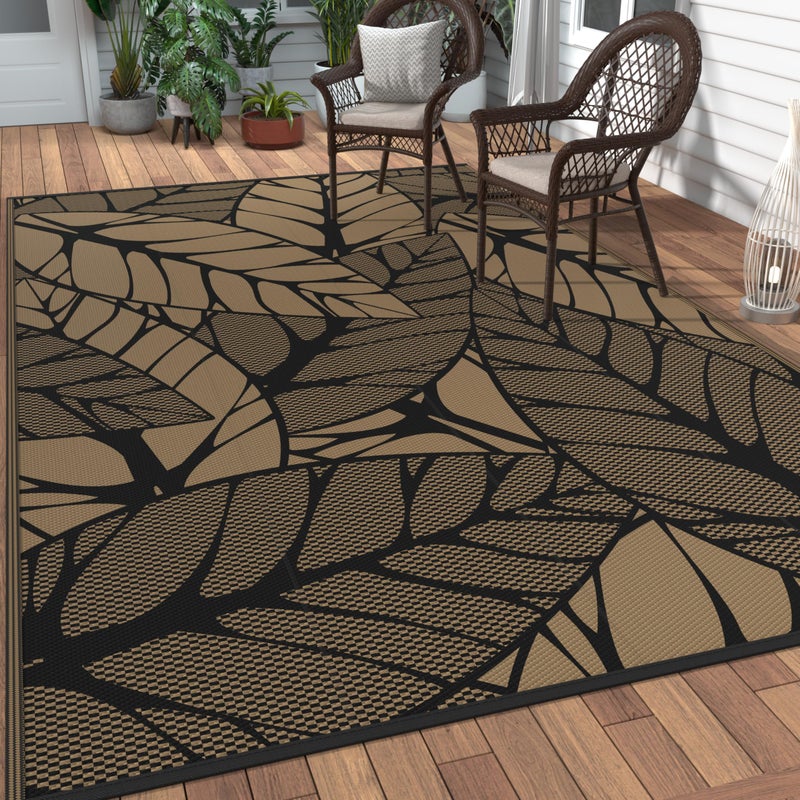 GENIMO Outdoor Rug 6' x 9' Waterproof for Patio Clearance, Reversible Plastic Straw Camping Carpet, Lightweight Mat for Rv, Camper, Deck, Porch, Picnic, Balcony, Beach, F.Black & Brown - Image 1