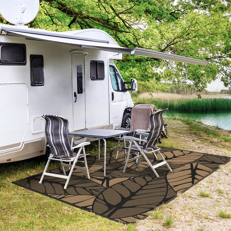 GENIMO Outdoor Rug 6' x 9' Waterproof for Patio Clearance, Reversible Plastic Straw Camping Carpet, Lightweight Mat for Rv, Camper, Deck, Porch, Picnic, Balcony, Beach, F.Black & Brown - Image 5