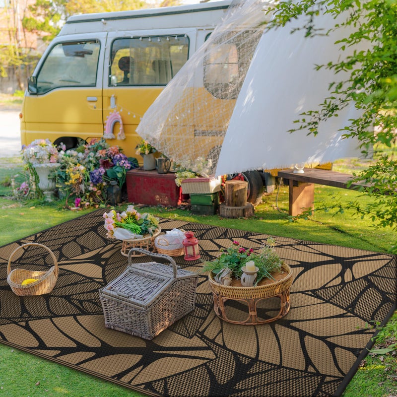 GENIMO Outdoor Rug 6' x 9' Waterproof for Patio Clearance, Reversible Plastic Straw Camping Carpet, Lightweight Mat for Rv, Camper, Deck, Porch, Picnic, Balcony, Beach, F.Black & Brown - Image 3