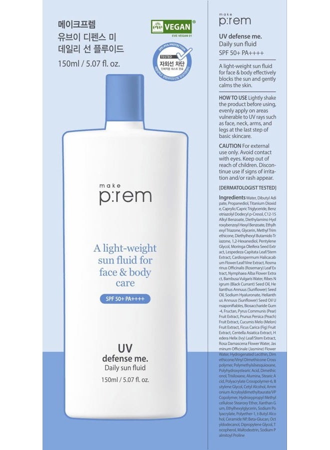 MAKEP:REM MAKEPREM Defense Me Daily Vegan Sun Fluid Non-greasy Calming Hydrating SPF 50+PA++++ Sunblock Reef-safe UV Broad Protection Sunscreen Blue Ray Sensitive Acne-Prone Oily Skin Face Body Korean Skincare - Image 2