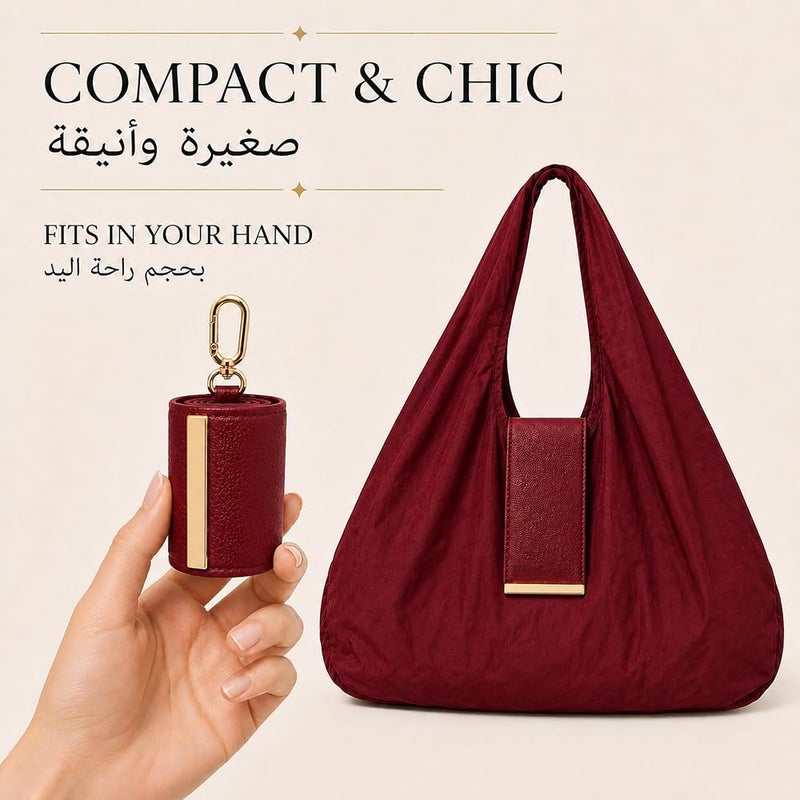 KeyAmor Tawy Foldable Tote Bag in Red Packable Shoulder Bag with Premium Leather Pouch & Gold Clip Lightweight Waterproof Travel Shopping Bag for Women - Image 3