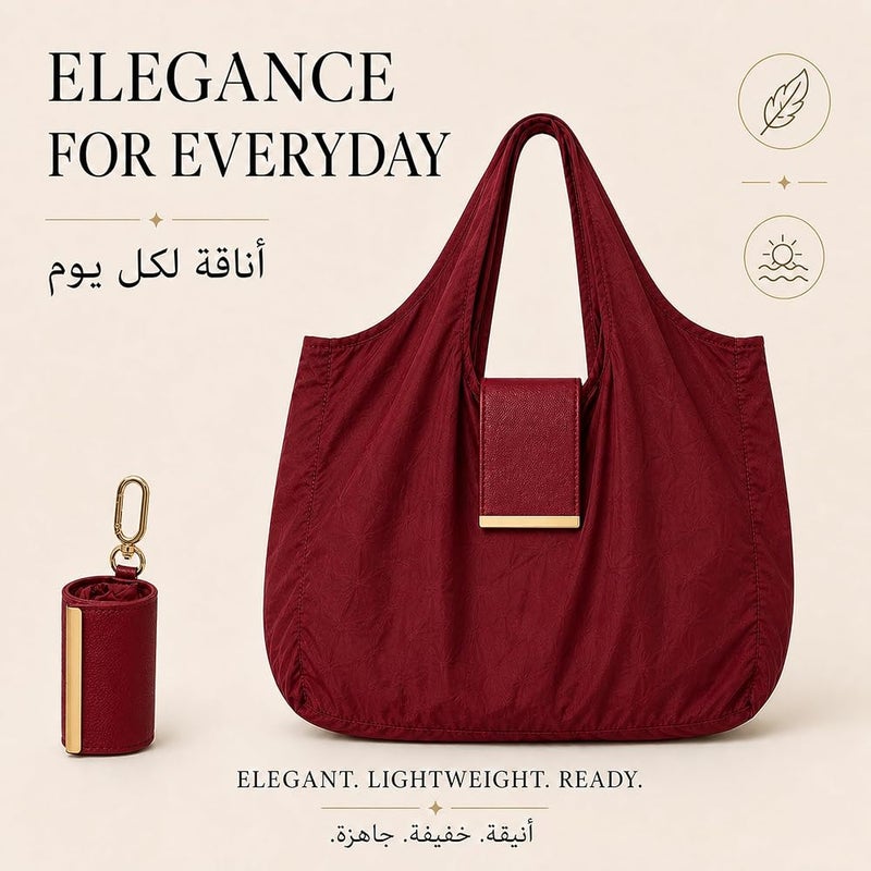 KeyAmor Tawy Foldable Tote Bag in Red Packable Shoulder Bag with Premium Leather Pouch & Gold Clip Lightweight Waterproof Travel Shopping Bag for Women - Image 4