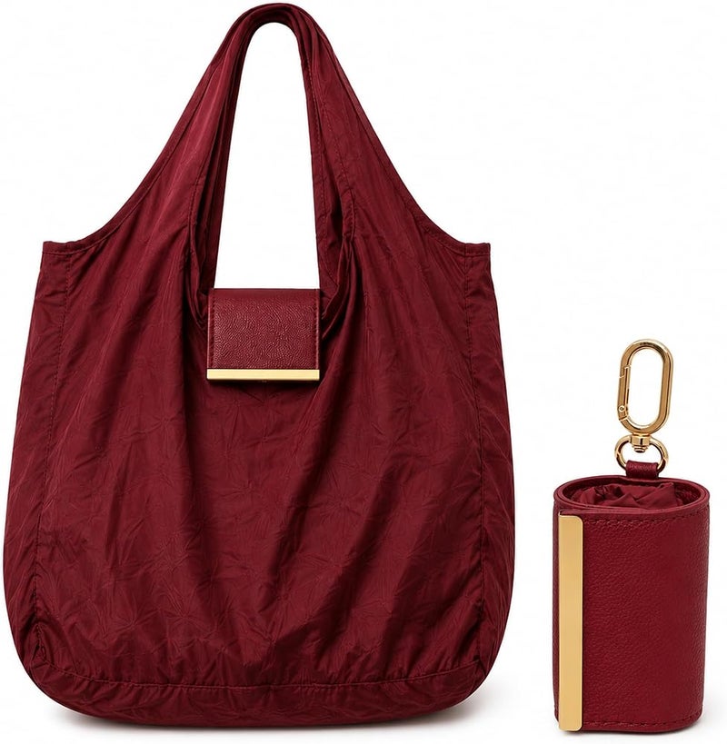 KeyAmor Tawy Foldable Tote Bag in Red Packable Shoulder Bag with Premium Leather Pouch & Gold Clip Lightweight Waterproof Travel Shopping Bag for Women - Image 1