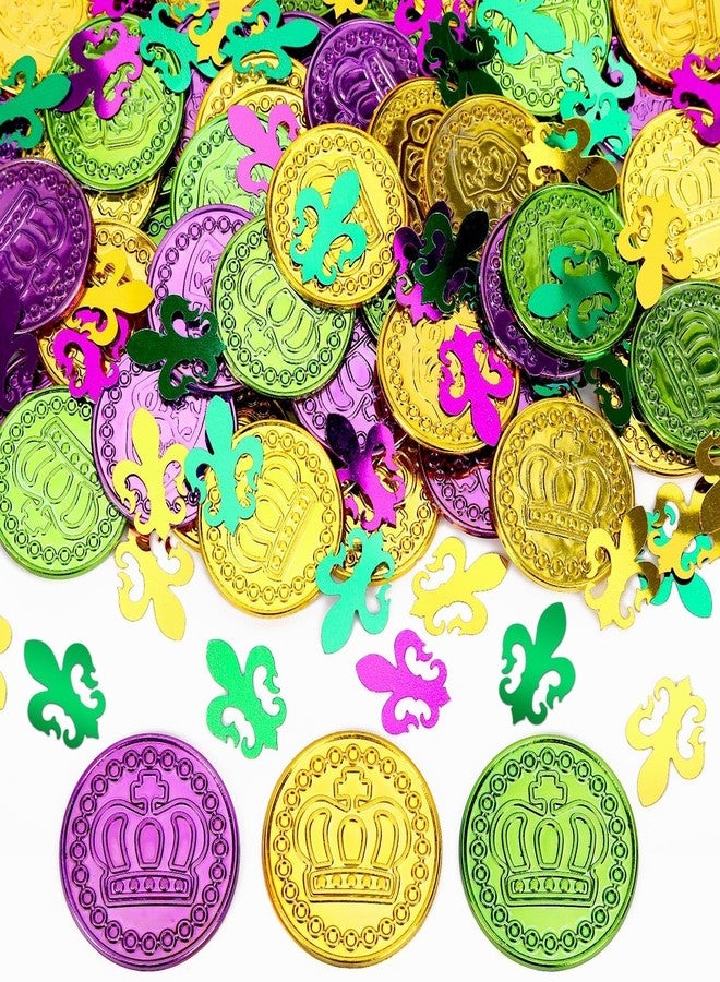 AUGSUN Mardi Gras Coins and Mardi Gras Confetti Decorations, 60 Pieces Gold Green Purple Coins Plastic Carnival Coins Bulk for Mardi Gras Table Centerpiece Parade Party Supplies Favors - Image 1