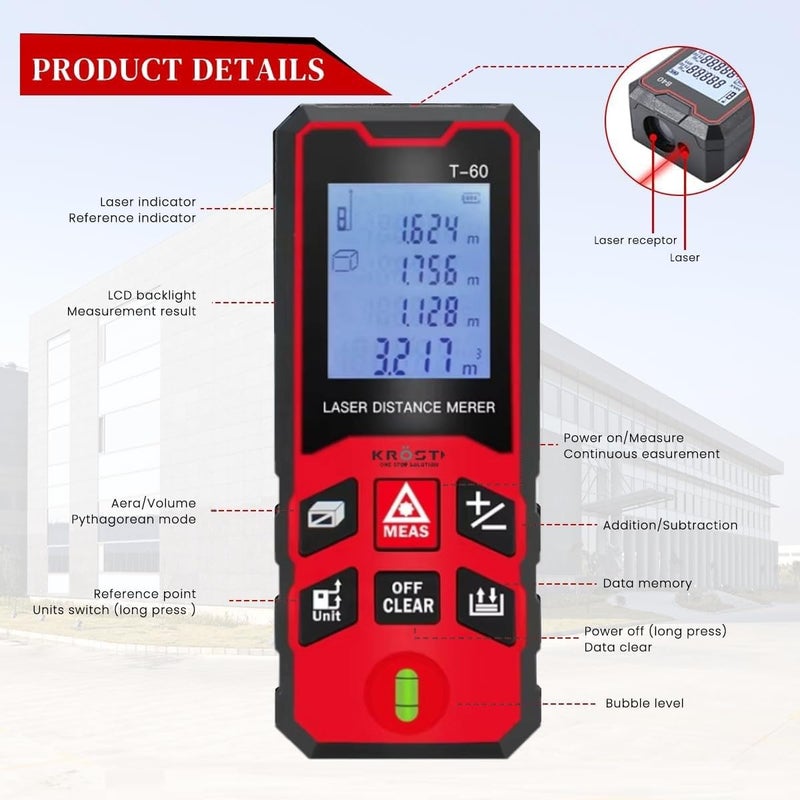 KROST KROST Laser Distance Meter 100M Range Digital Measuring Tape with Backlit Display Data Record Multiple Measurement Modes Measure Distance Area and Volume IP54 Waterproof 100m  - Image 2