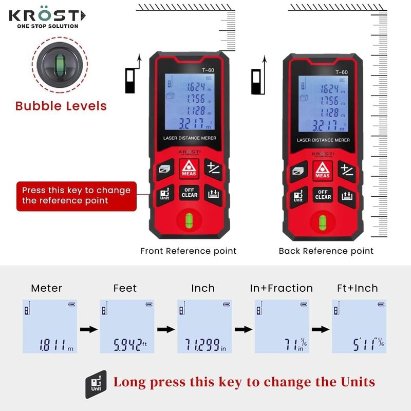 KROST KROST Laser Distance Meter 100M Range Digital Measuring Tape with Backlit Display Data Record Multiple Measurement Modes Measure Distance Area and Volume IP54 Waterproof 100m  - Image 3