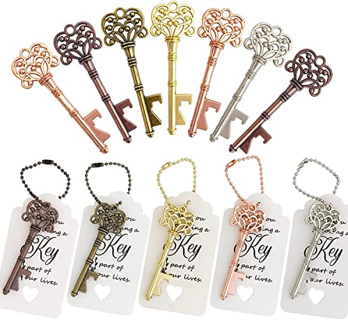 WODEGIFT 60 PCS Key Bottle OpenersWedding FavorsBridal Shower Party Favors with Card Tag and ChainsDecorations or Souvenirs for guests Bulk 5 colors mix and match - Image 1
