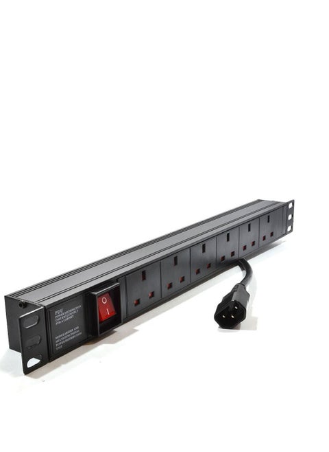 DKURVE 1U 6 Way UK 13A Mains Sockets to IEC C14 Plug Horizontal PDU Black & Silver Color