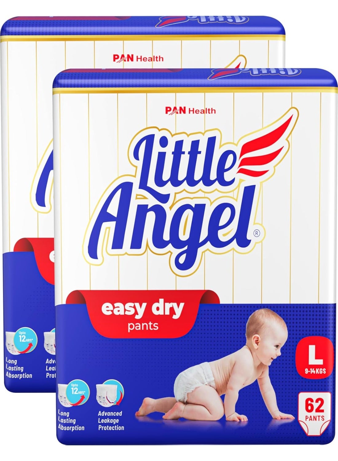 Little Angel Baby Easy Dry Diaper Pants With 12 Hrs Absorption Large (L) Size, 124 Count, Pack Of 2, 9-14 Kgs - L (62 Count, Pack of 2)