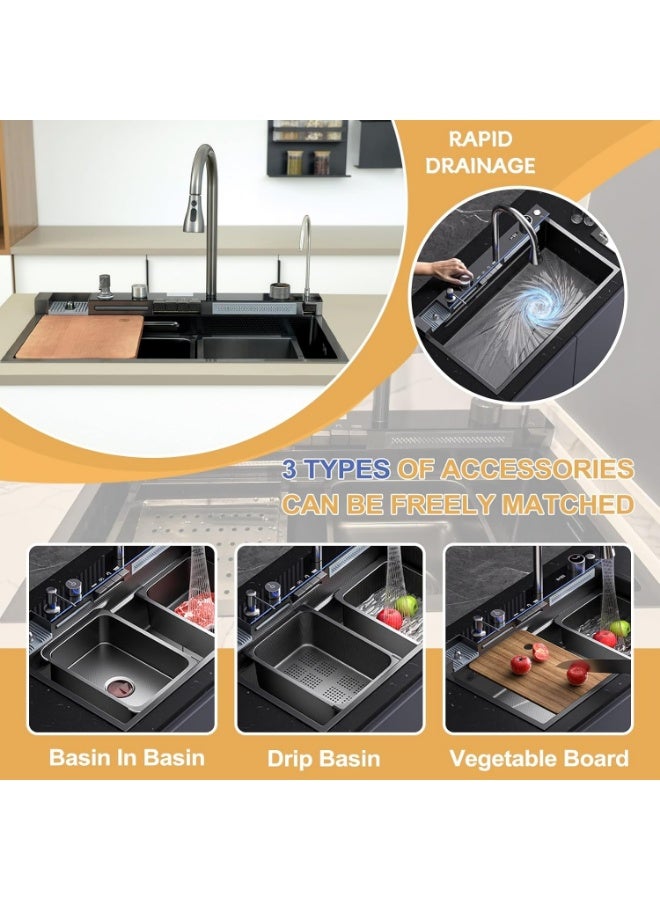 YD Luxury Multifunction Kitchen Sink Workstation with Pull-Out Faucet, Waterfall Wash System, Integrated Cutting Board, Cup Washer, Vegetable Rinse Area, Stainless Steel Single Bowl Sink - Image 4