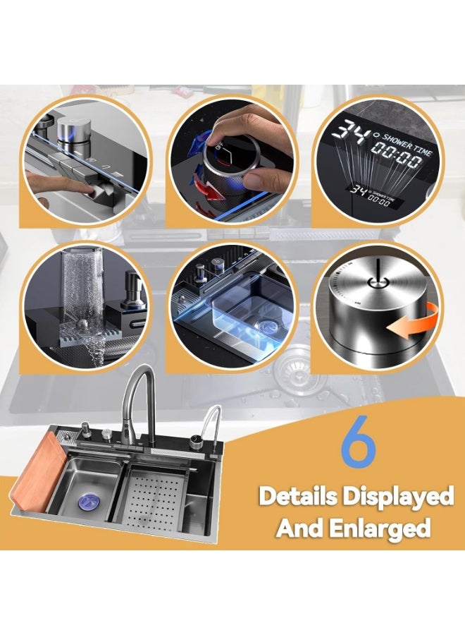 YD Luxury Multifunction Kitchen Sink Workstation with Pull-Out Faucet, Waterfall Wash System, Integrated Cutting Board, Cup Washer, Vegetable Rinse Area, Stainless Steel Single Bowl Sink - Image 5