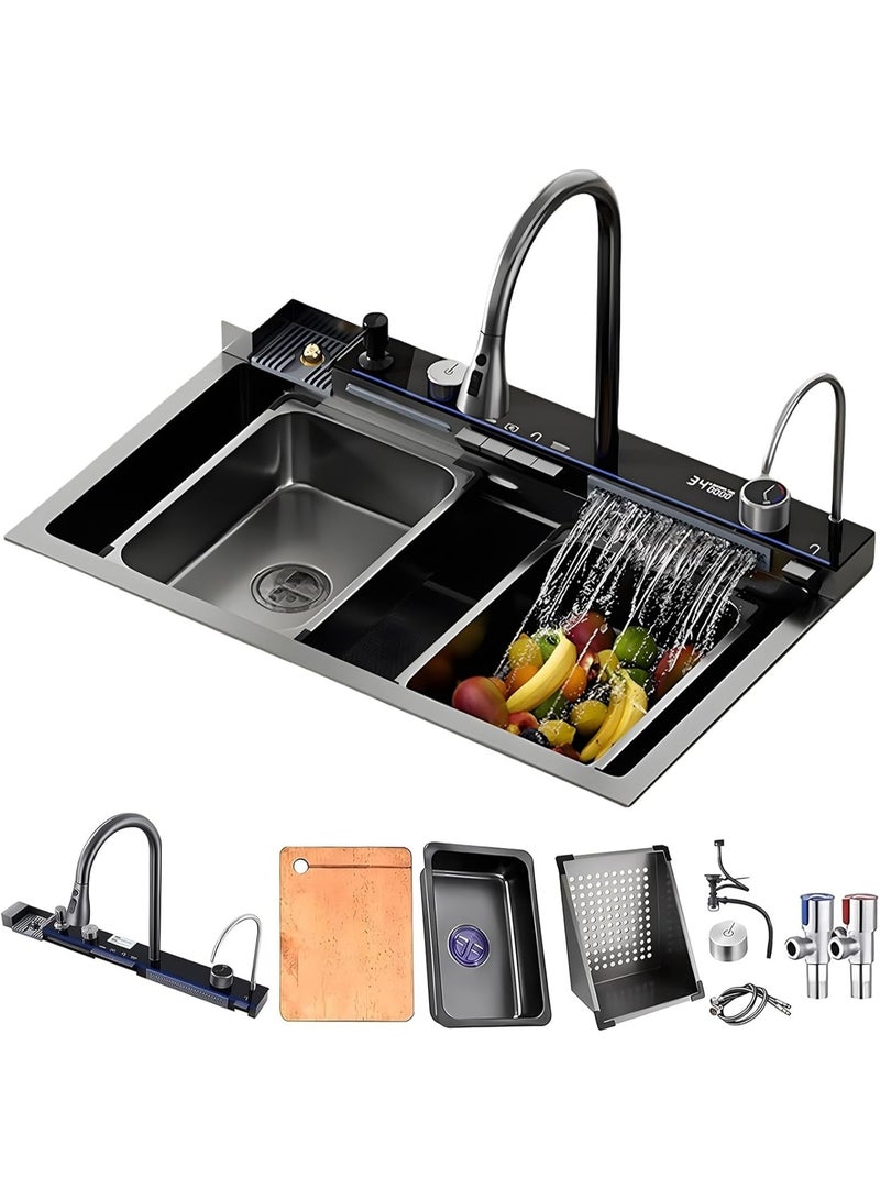 YD Luxury Multifunction Kitchen Sink Workstation with Pull-Out Faucet, Waterfall Wash System, Integrated Cutting Board, Cup Washer, Vegetable Rinse Area, Stainless Steel Single Bowl Sink - Image 1