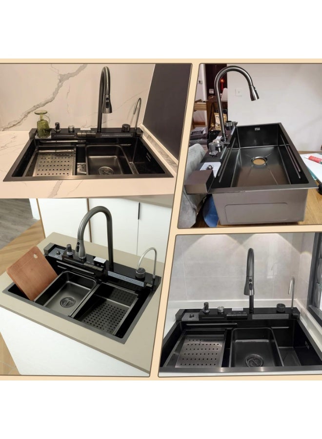 YD Luxury Multifunction Kitchen Sink Workstation with Pull-Out Faucet, Waterfall Wash System, Integrated Cutting Board, Cup Washer, Vegetable Rinse Area, Stainless Steel Single Bowl Sink - Image 2