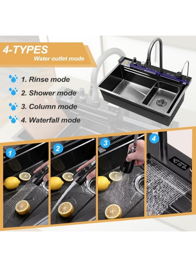 YD Luxury Multifunction Kitchen Sink Workstation with Pull-Out Faucet, Waterfall Wash System, Integrated Cutting Board, Cup Washer, Vegetable Rinse Area, Stainless Steel Single Bowl Sink - Image 3