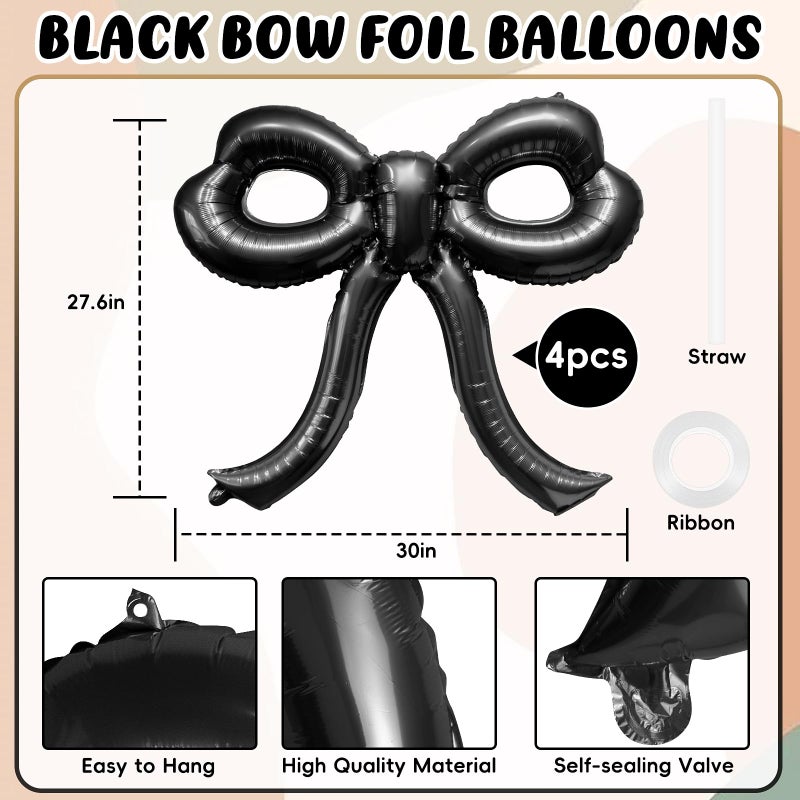 YTHETM 4 Pcs Bow Birthday Decorations Black Bow Balloons Bow Party Decorations Giant Foil Balloon for Girl Women Baby Shower Bridal Engagement Wedding Decor Bachelorette Party Supplies - Image 2