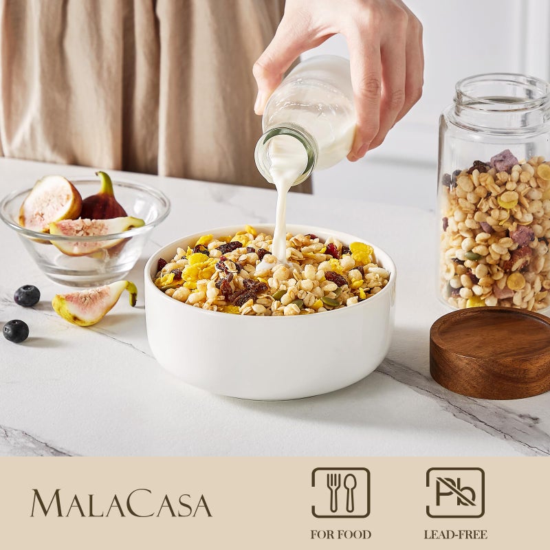 MALACASA 24 OZ Cereal Bowls, Porcelain Soup Oatmeal Bowls Set of 6, Kitchen Ceramic Serving Bowl, Dishwasher Microwave Oven Safe, White, Series LUNA - Image 3