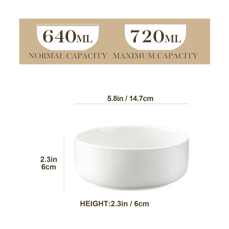 MALACASA 24 OZ Cereal Bowls, Porcelain Soup Oatmeal Bowls Set of 6, Kitchen Ceramic Serving Bowl, Dishwasher Microwave Oven Safe, White, Series LUNA - Image 2